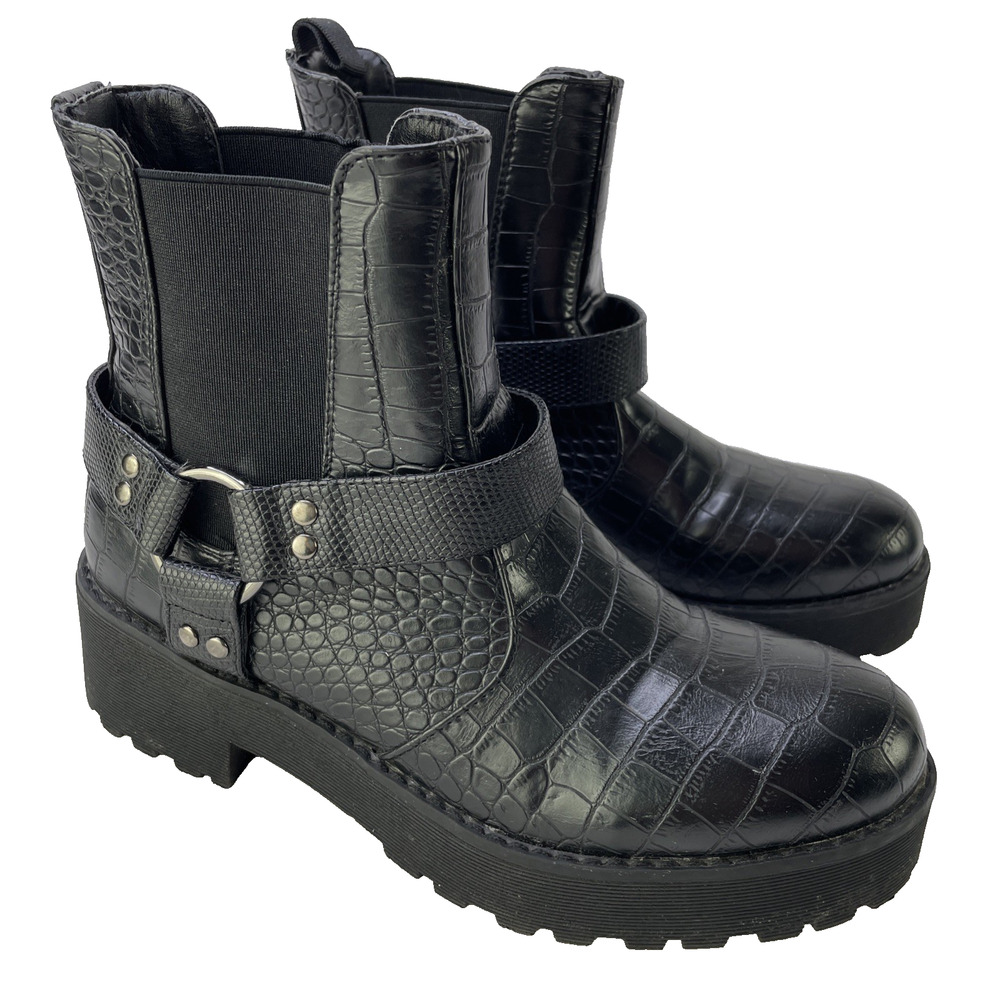Dirty Laundry Women Faux Crocodile Harness Black Chunky Lug Sole Ankle Boots S 8